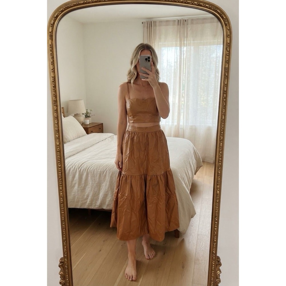 ICCO Women's Faux Leather Set Of 2 Crop Top & Tiered Maxi Skirt Cognac Brown M